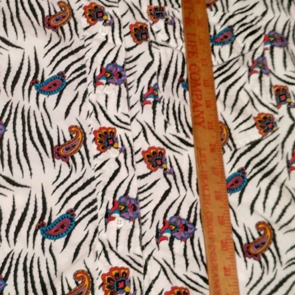 Vintage 1980s Khazana Blouse Shirt Medium Zebra Print Paisley Safari Short Slv - Picture 5 of 13